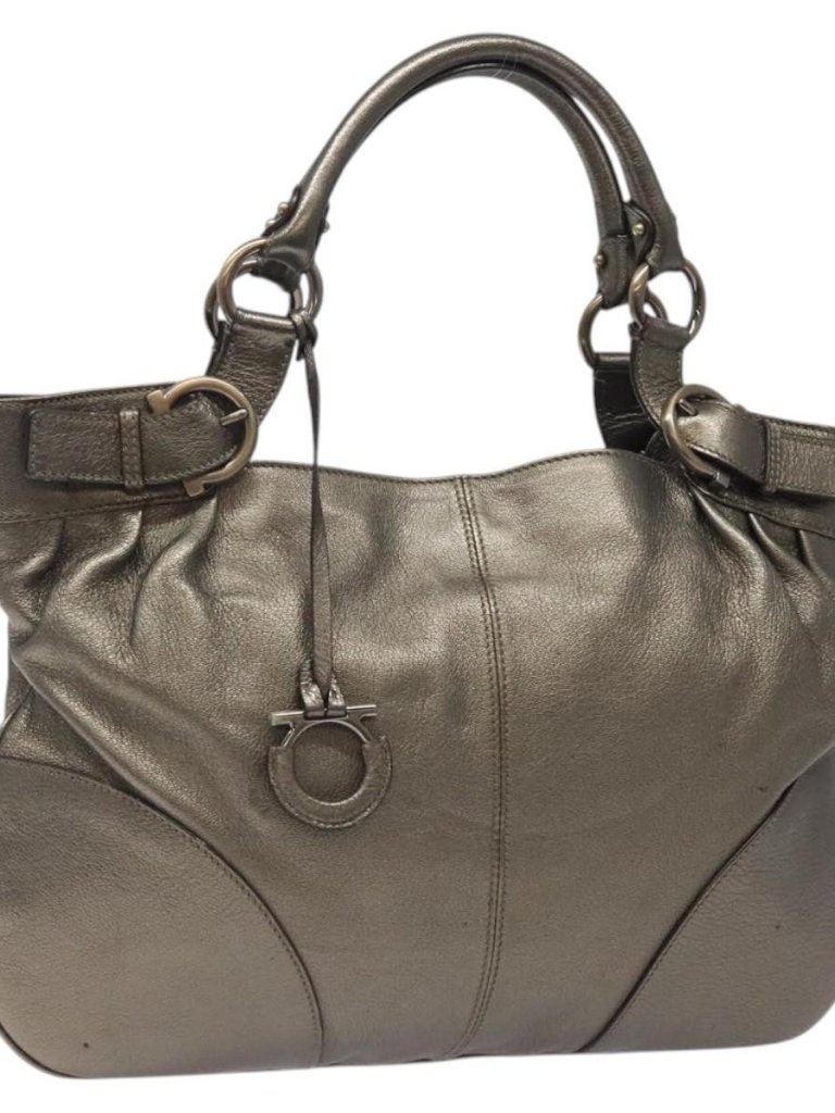 Salvatore Ferragamo Gancini Tote Bag Leather Silver Auth 123071